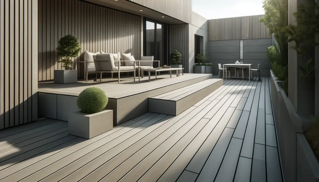 A sleek modern deck constructed with recycled composite materials demonstrating the beauty and quality of sustainable deck design trends