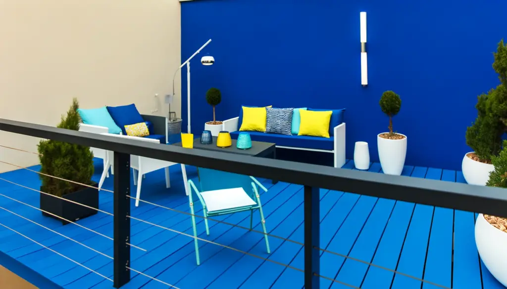 A deck painted in a bold blue equipped with contrasting furniture and decorative accents for a fresh modern look