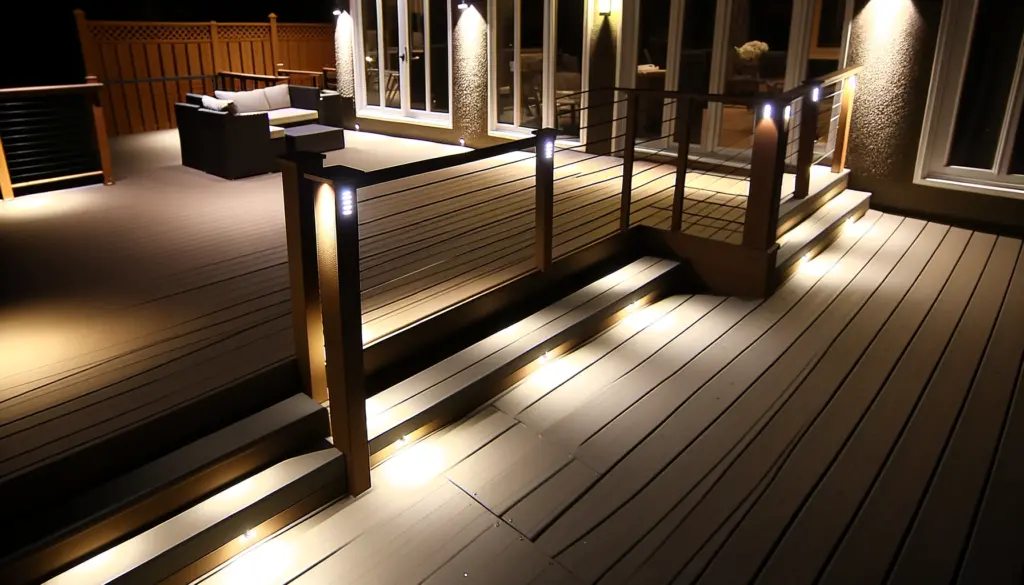 A beautifully illuminated deck featuring LED railing lights and stair lights setting a serene mood for evening entertainment