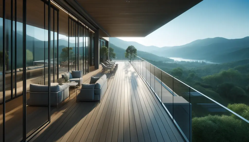 A luxurious deck overlooking a stunning landscape bordered with sleek glass balustrades for an unobstructed view