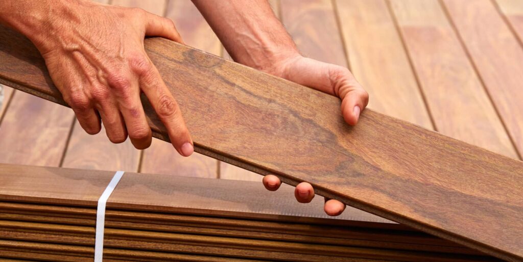 Close up of Composite decking in hands